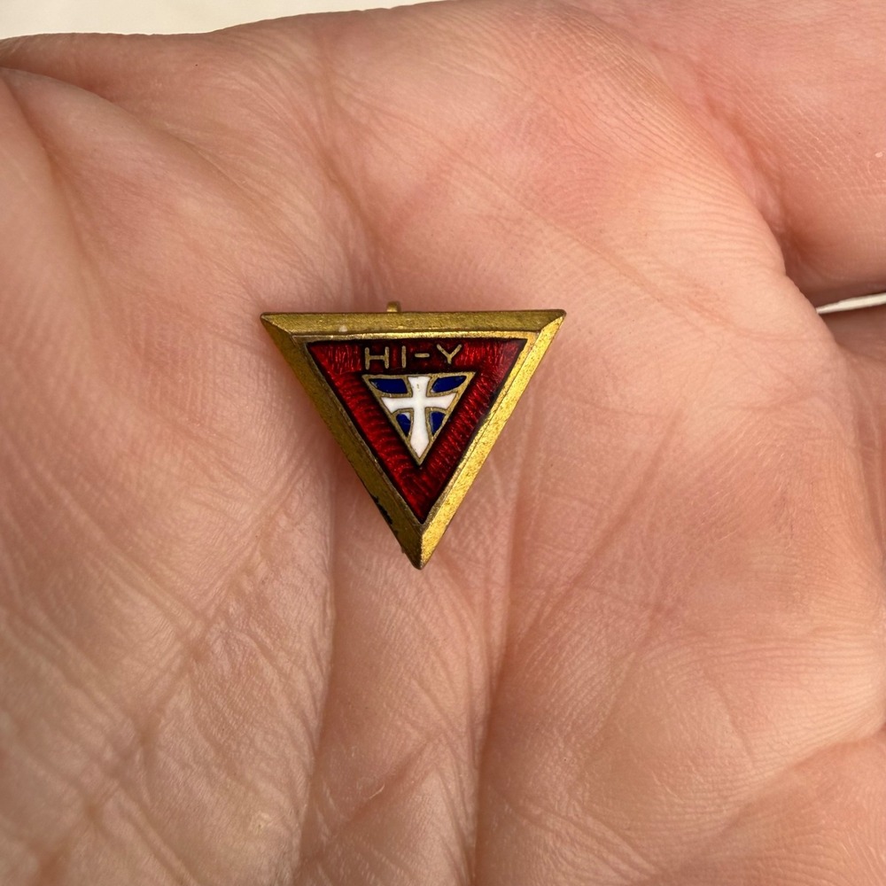 Vintage YMCA Pin Gold Tone Red Enamel Triangle Hi-Y Cross Religious Logo